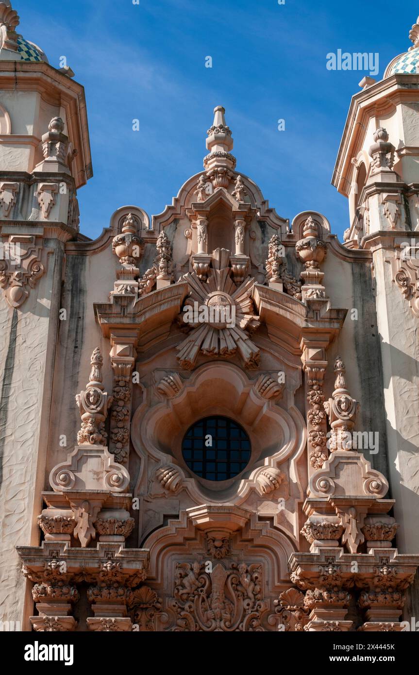 Ein Detail der Casa del Prado im Balboa Park. Balboa Park, San Diego, Kalifornien, USA. Stockfoto