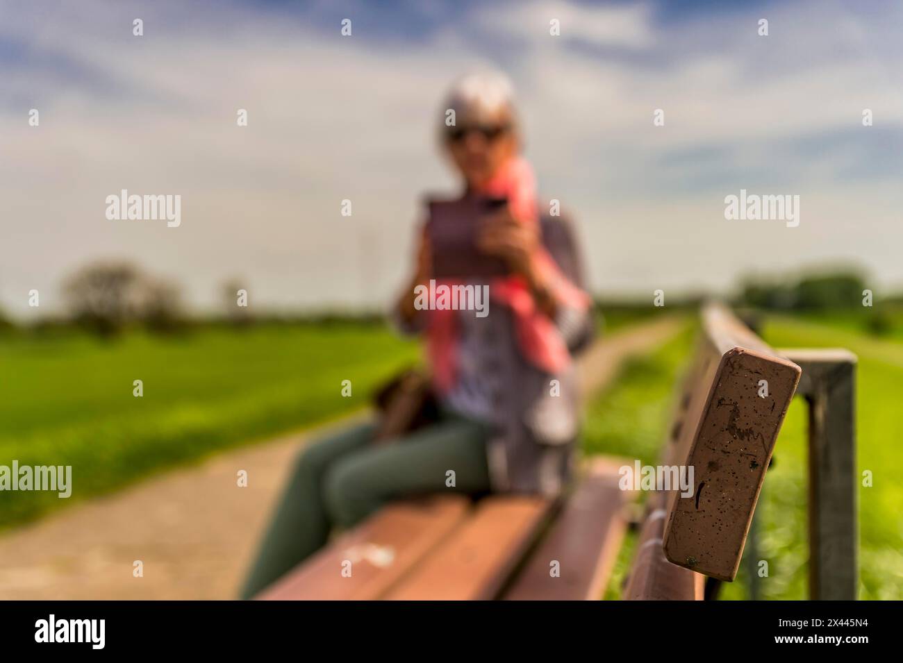 Seniorin sitzt auf einer Bank und schaut auf ihr Smartphone, Seitenansicht, verschwommen, Deichwappen, Rhein, Zons, Nordrhein-Westfalen, Deutschland Stockfoto