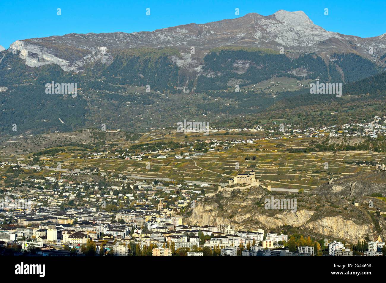 Die Stadt Sion mit der Kirche Notre-Dame de Valere, Basilika von Valeria auf dem Valeria-Hügel im Rhonetal, Sion, Sion, Wallis, Schweiz Stockfoto