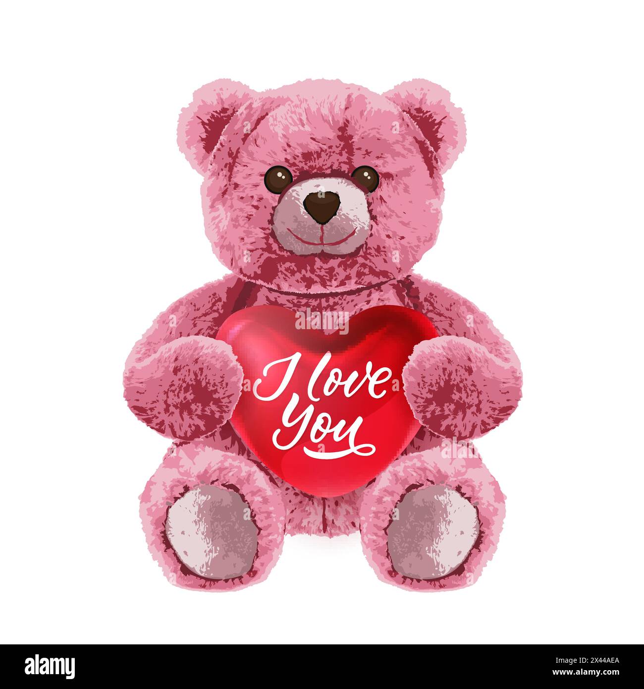 Rosafarbenes Bärenspielzeug mit rotem Herz und I Love You-Botschaft. Realistische Vektorillustration isoliert auf weißem Hintergrund. Niedlicher Teddycharakter. Mode pri Stock Vektor