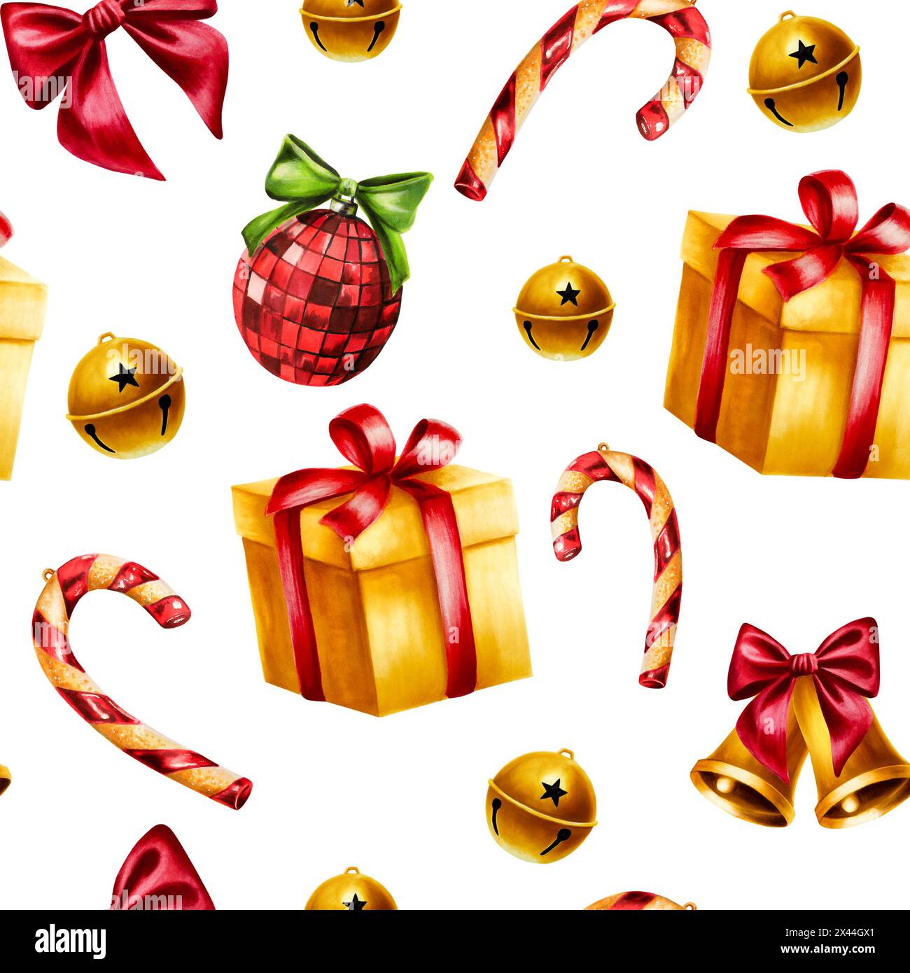Nahtloses Muster mit weihnachtskugeln, goldener Glocke, Geschenkillustrationen. Neujahrsaquarell Geschenkbox mit roter Schleife isoliert auf Hintergrund. Für Stockfoto