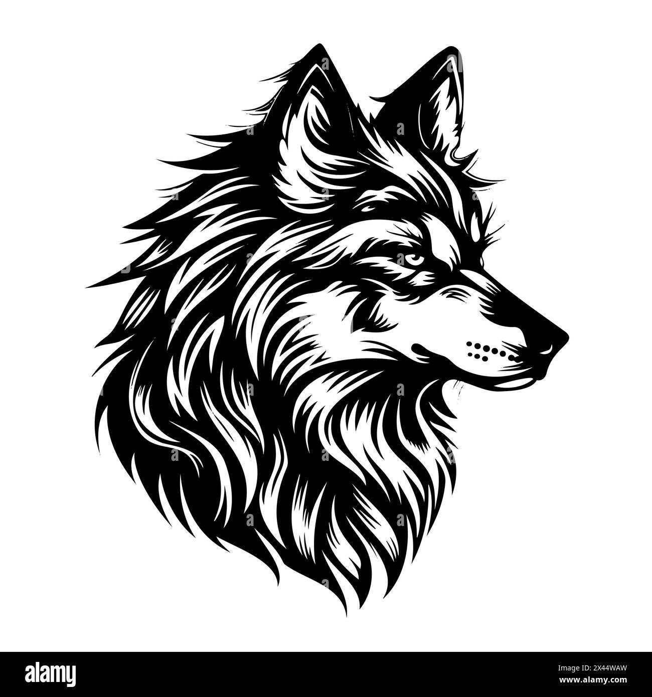 Eine schwarz-weiße Zeichnung eines Wolfenkopfes auf weißem Hintergrund Stock Vektor