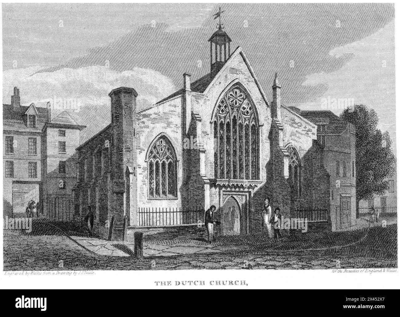Gravur mit dem Titel The Dutch Church, Austin Friars, London UK, gescannt mit hoher Auflösung aus einem Buch, das um 1815 veröffentlicht wurde. Urheberrechtlich geschützt. Stockfoto