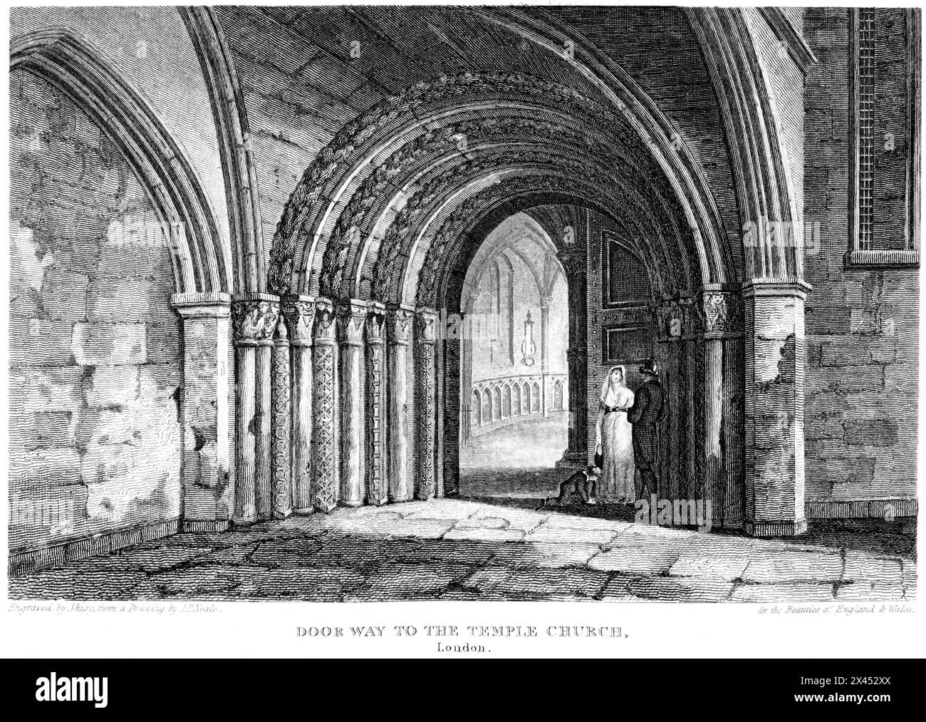 Gravur mit dem Titel The Doorway to the Temple Church, London UK scannt in hoher Auflösung aus einem Buch, das um 1815 veröffentlicht wurde. Urheberrechtlich geschützt. Stockfoto
