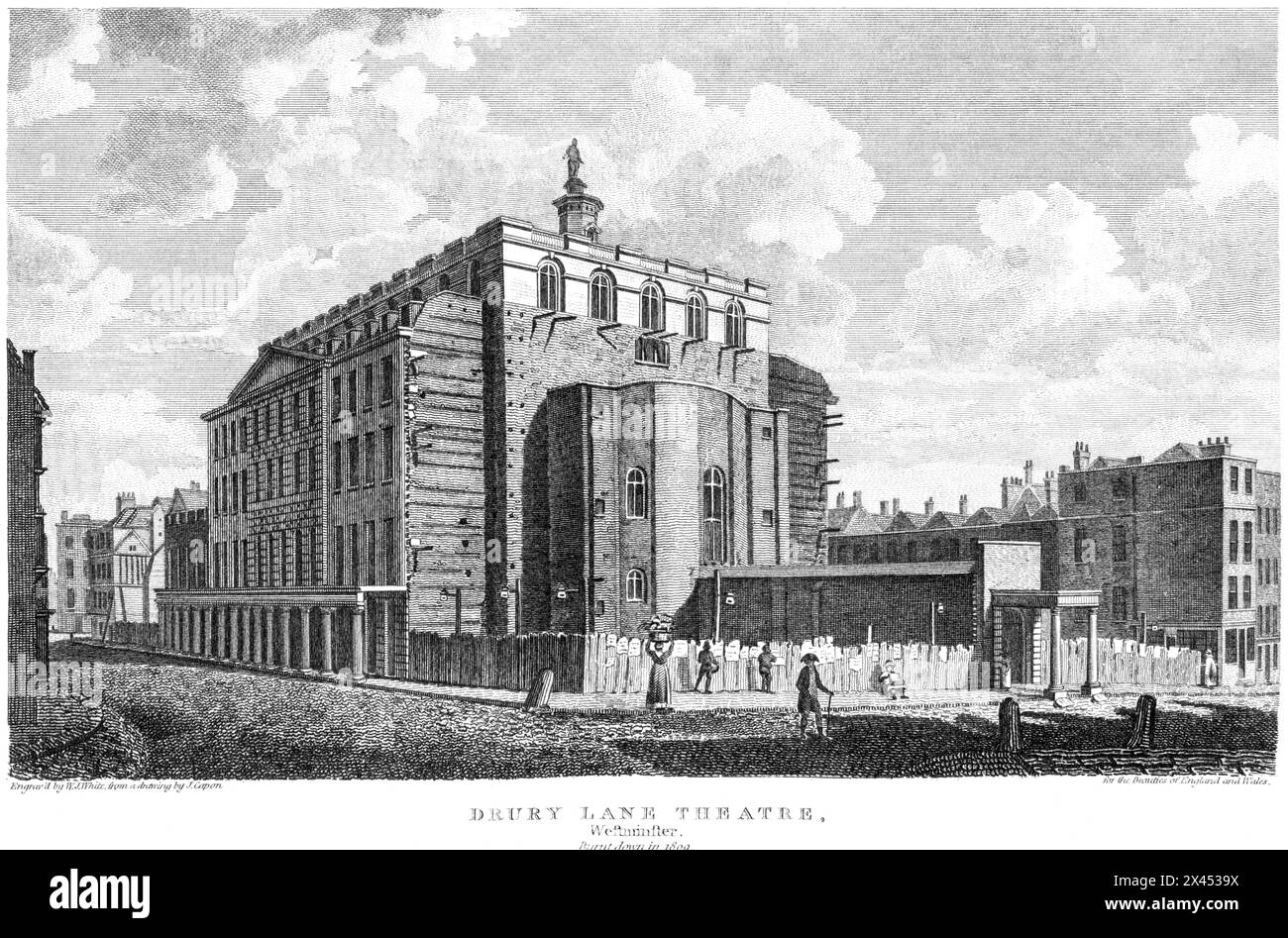 Ein Stich mit dem Titel Drury Lane Theatre, Westminster. 1809 brannte London UK mit hoher Auflösung aus einem um 1815 erschienenen Buch. Stockfoto