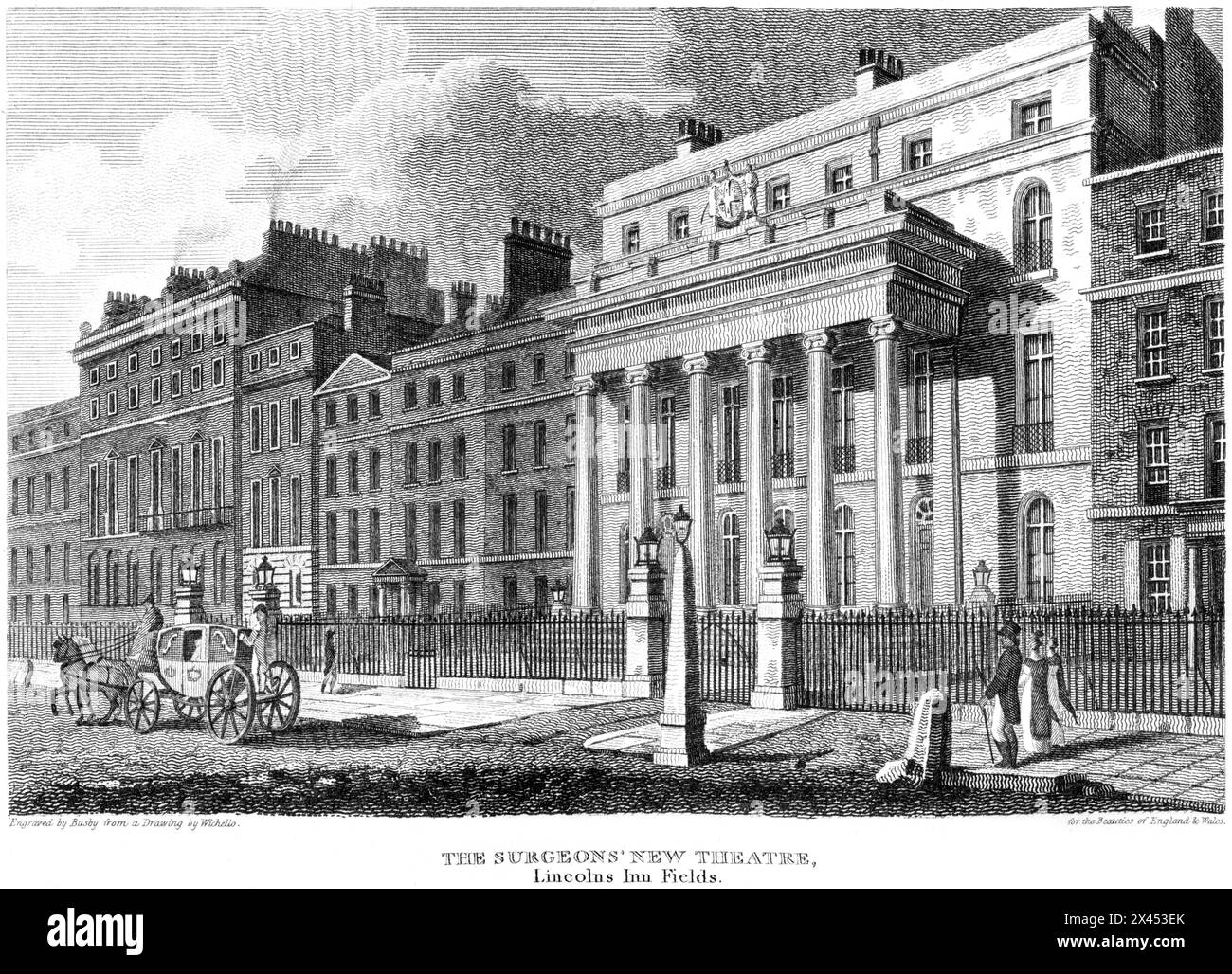 Ein Kupferstich mit dem Titel The Surgeon's New Theatre, Lincolns Inn Fields, London UK, scannt in hoher Auflösung aus einem Buch, das um 1815 erschien. Stockfoto