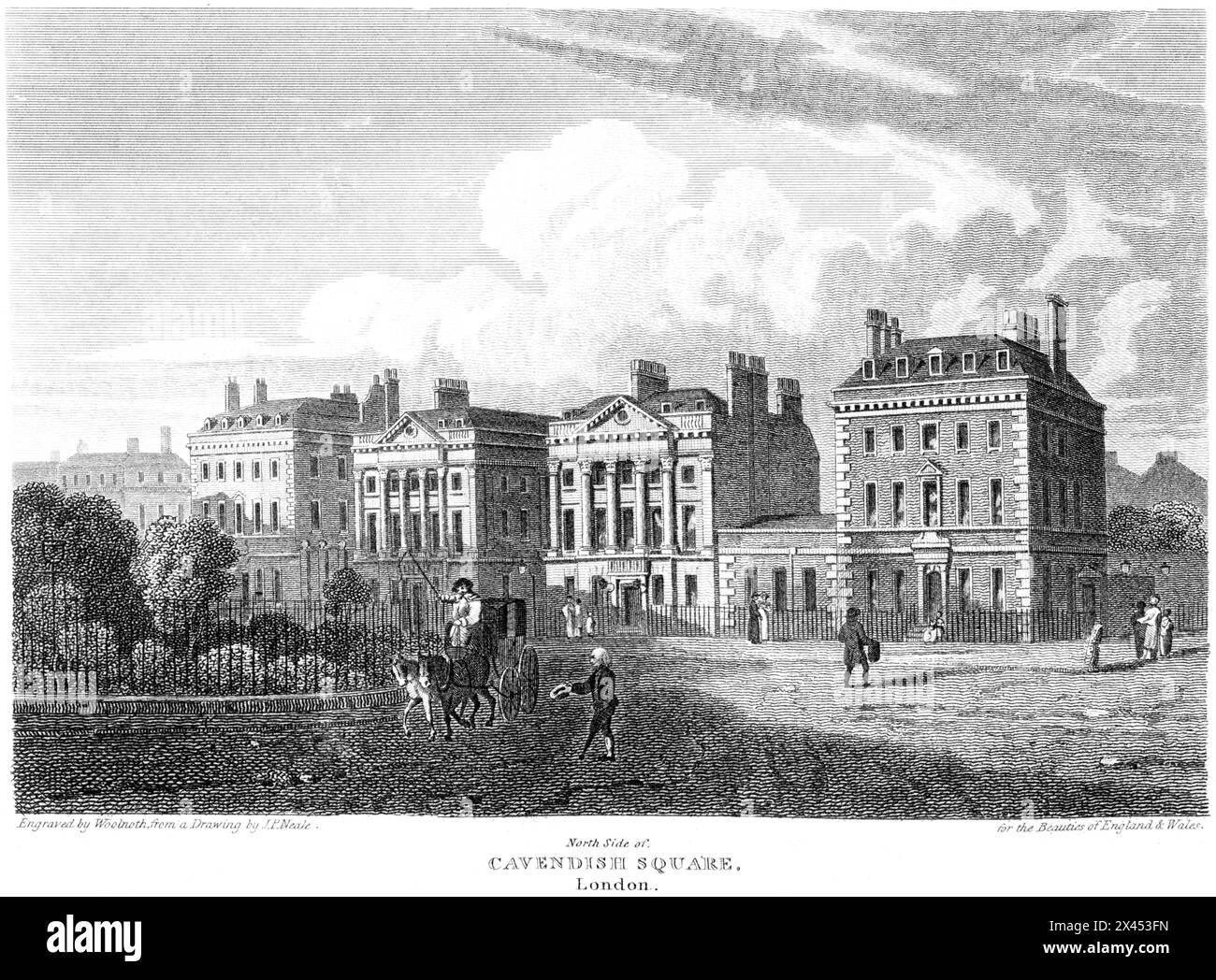 Eine Gravur mit dem Titel North Side of Cavendish Square, London UK, die in hoher Auflösung aus einem Buch gescannt wurde, das um 1815 erschien. Urheberrechtlich geschützt Stockfoto