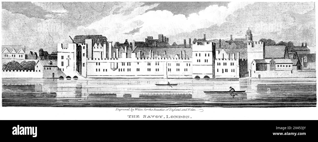 Ein Kupferstich mit dem Titel The Savoy, London UK, scannt in hoher Auflösung aus einem Buch, das um 1815 veröffentlicht wurde. Urheberrechtlich geschützt. Stockfoto