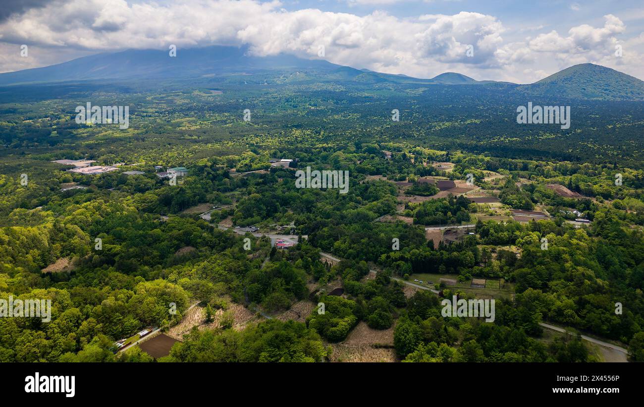 Aus der Vogelperspektive auf einen bewölkten Fuji-Berg und einen Wald in der Nähe von Saiko, Japan Stockfoto