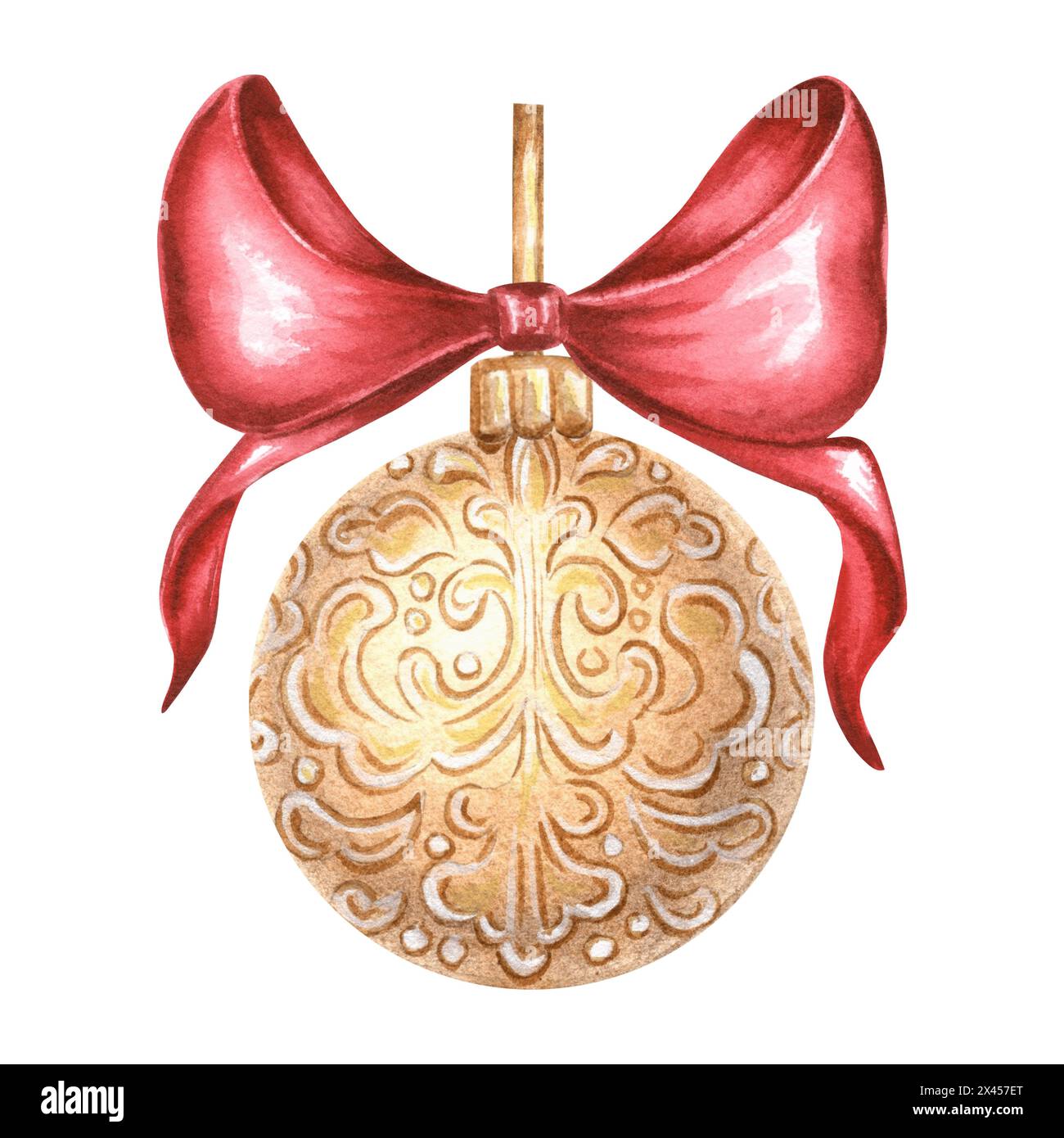 Weihnachtsbaumkugel Golden mit roter Seidenschleife. Zeichnen im Vintage-Stil. Handgezeichnete Aquarellillustration Weihnachtsdekoration. Isolierte Vorlage für Einladung Stockfoto
