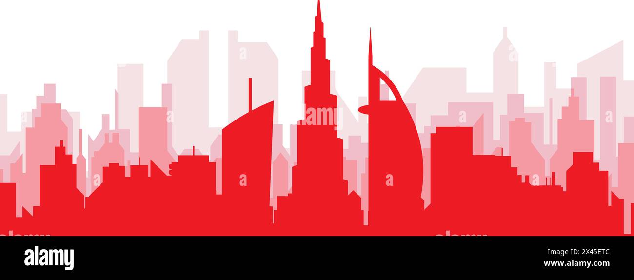 Rotes Poster mit Panoramablick über die Skyline von DUBAI, VEREINIGTE ARABISCHE Emirate Stock Vektor