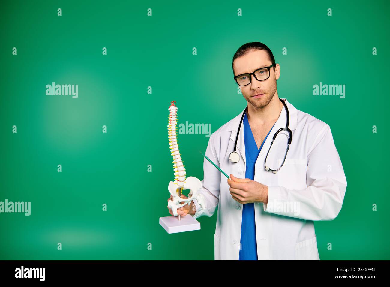 Männlicher Arzt untersucht menschliches Skelettmodell. Stockfoto