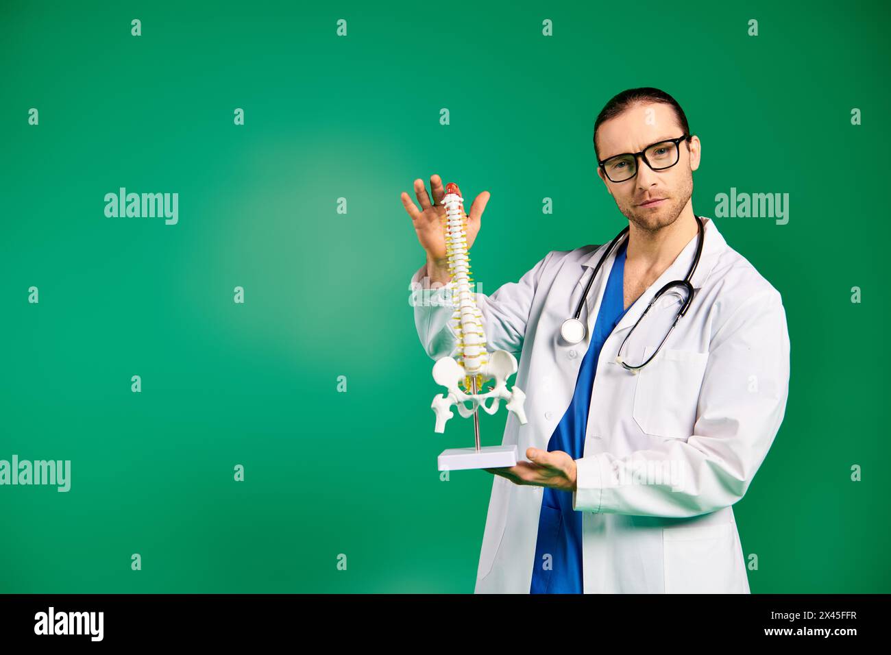 Männlicher Arzt in weißem Gewand hält menschliches Skelett-Modell. Stockfoto