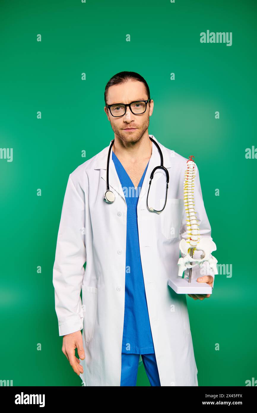 Gutaussehender Arzt im weißen Laborkittel, der Modell des menschlichen Skeletts hält. Stockfoto