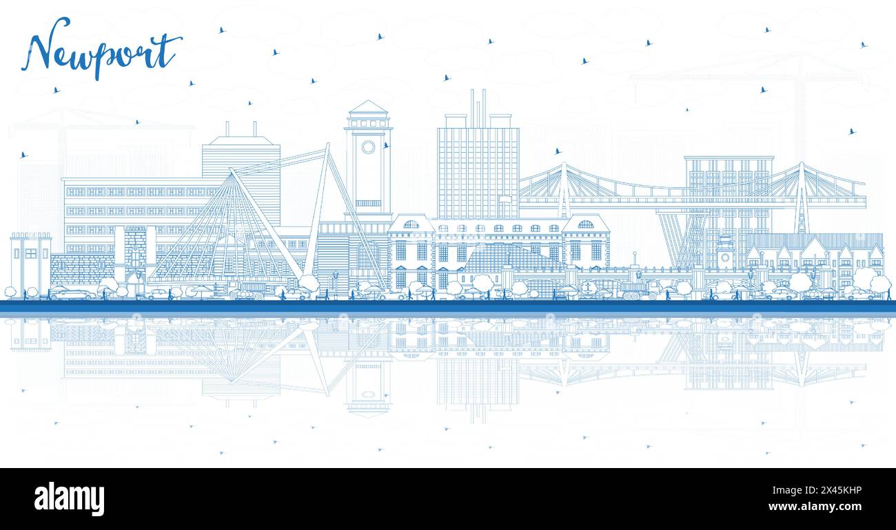 Umreißen Sie die Skyline von Newport Wales City mit blauen Gebäuden und Reflexionen. Vektorabbildung. Newport UK Stadtlandschaft mit Wahrzeichen. Stock Vektor