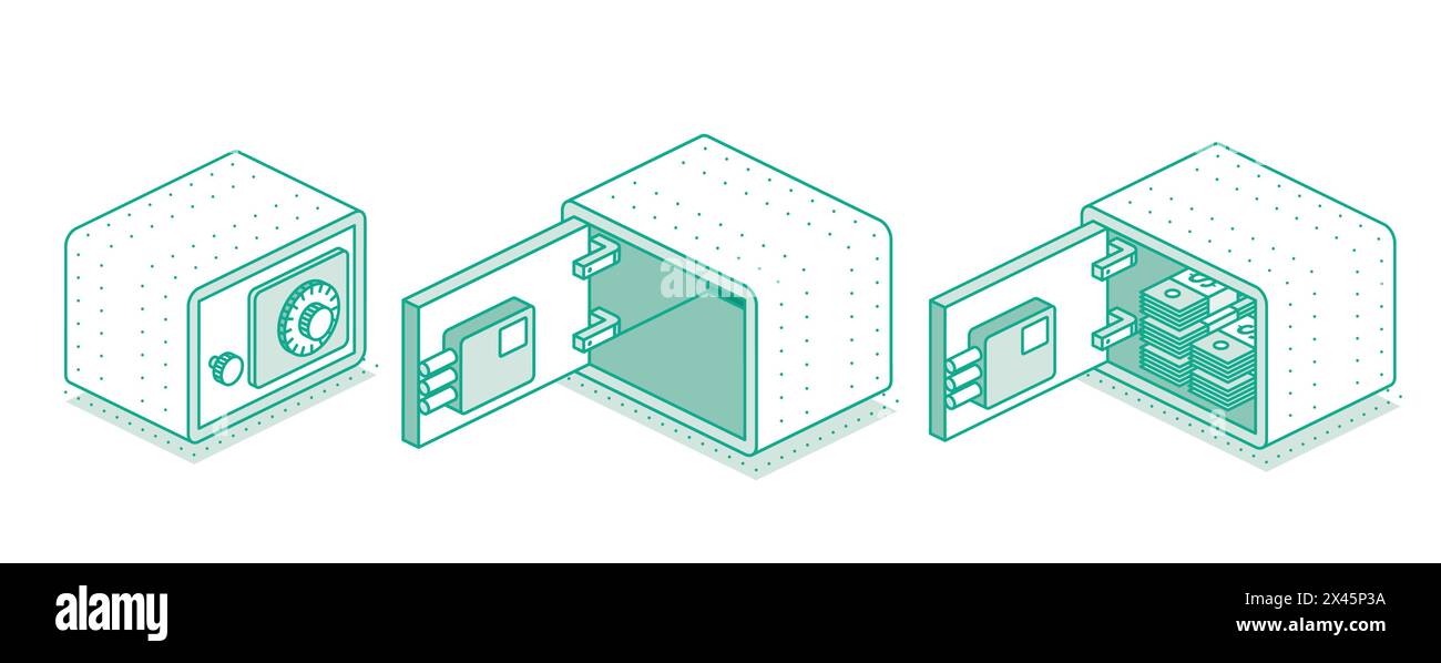 Isometrisches sicheres Set mit offenen und geschlossenen Türen. Konturobjekt isoliert auf weißem Hintergrund. Vektorabbildung. Sicherheitssymbol. Safe wird von unterschiedlichen Stock Vektor