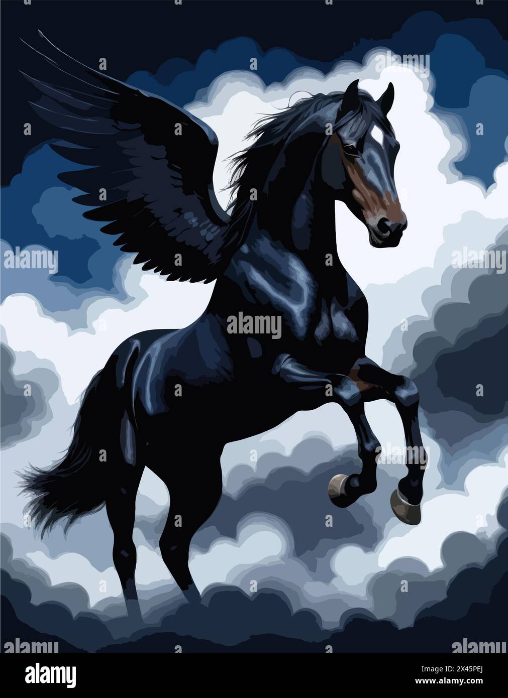 Hochdetaillierter Farbvektor - Bild des herrlichen griechischen mythologischen, göttlichen geflügelten Pferdes Pegasus, der in den Wolken fliegt Stock Vektor