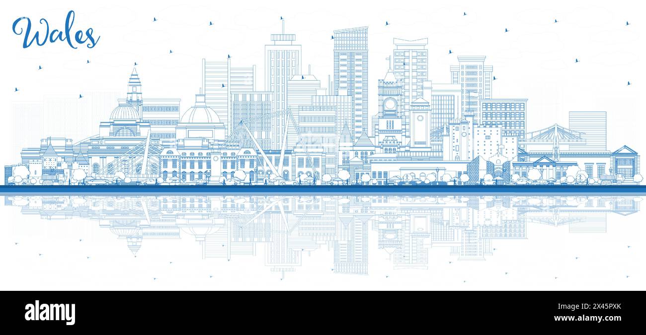 Umreißen Sie die Skyline von Wales City mit blauen Gebäuden und Reflexionen. Vektorabbildung. Konzept mit historischer Architektur. Walisisches Stadtbild mit Wahrzeichen Stock Vektor