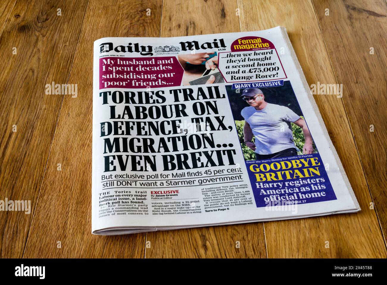 18. April 2024. Die Schlagzeile der Daily Mail lautet: Tories Trail Labour on Defence, Tax, Migration ... sogar Brexit. Stockfoto