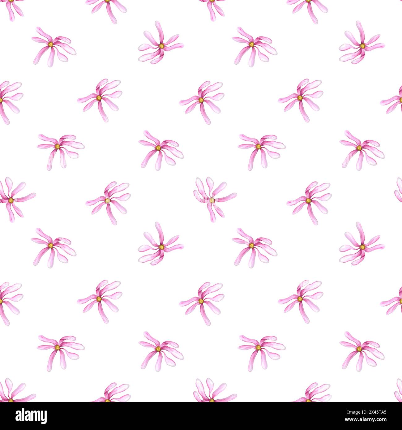 Rosa Magnolienblüten. Nahtloses Muster der Frühlingsblumenköpfe. Empfindliche Pflanzen. Einfache Blumenverzierung. Aquarellillustration für Hochzeit Stockfoto