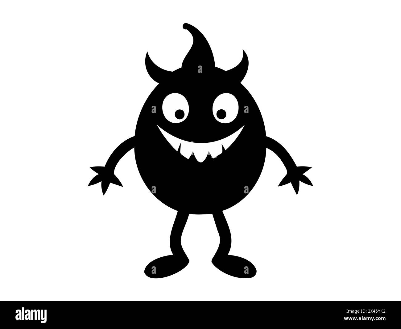 Schwarze Silhouette eines schelmischen Comic-Monsters. Verspielte Teufelsfigur. Isoliert auf weißem Hintergrund Konzept von Halloween-Charakter, Comic-Bösewicht, s Stock Vektor