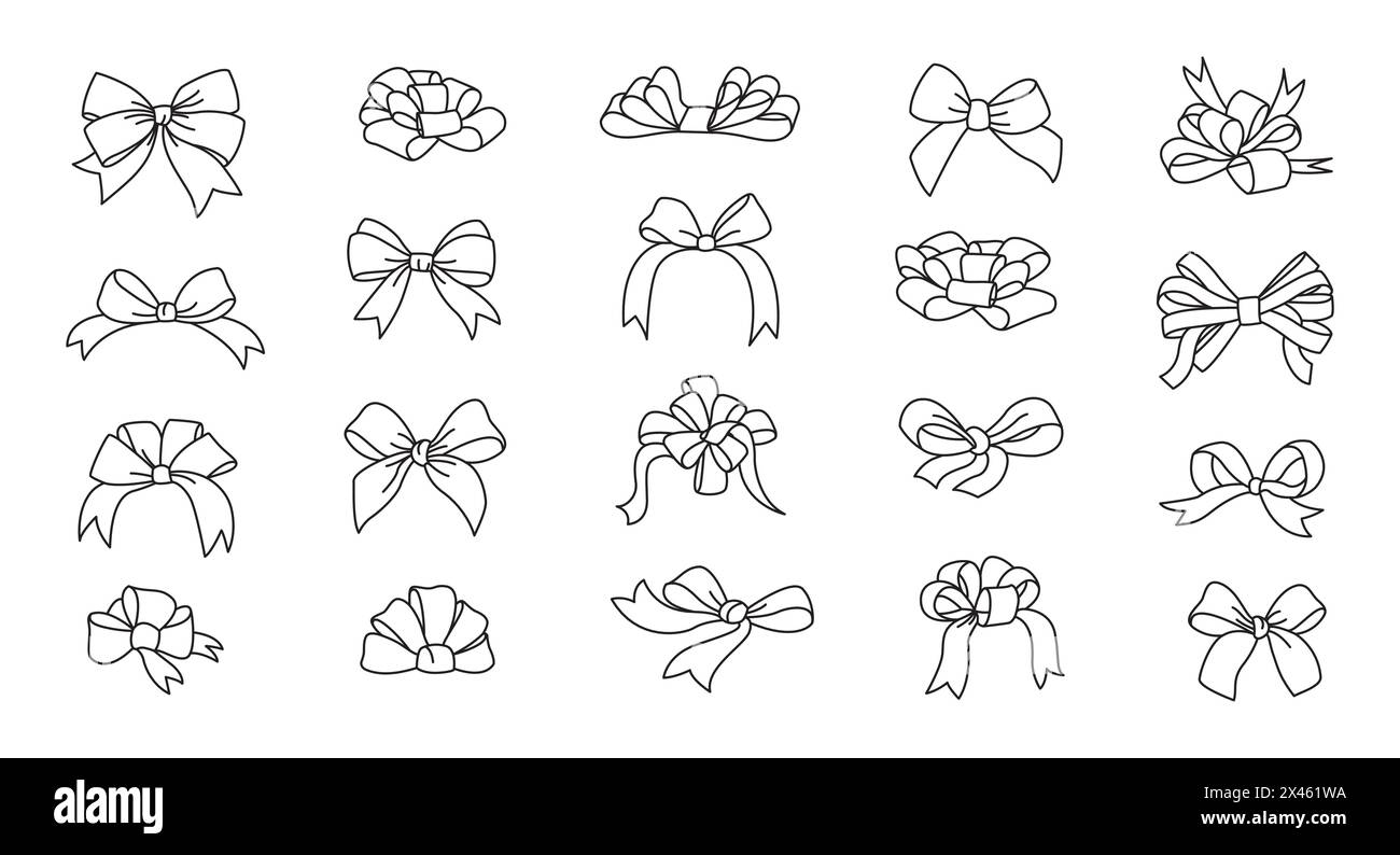 Set mit Schleife und Doodle-Style. Mit Tapetenschleifen zum Valentinstag oder zur Hochzeit dekoriert. Schwarz-weiße Strichkunst-Elemente für Geschenk, Feier, Glückwunsch. Isoliert auf weißem Hintergrund Vektorillustration. Stock Vektor