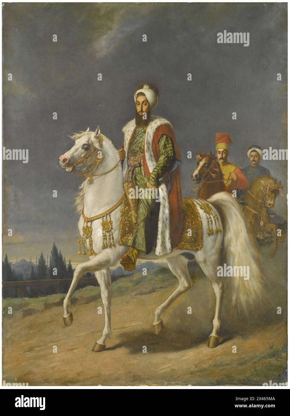 Sultan Selim III. Auf dem Pferd Eine Darstellung von Sultan Selim III. Auf einem Pferd, begleitet von seinem Armorer, Silahdar Agha und Retinue, vor einem Hintergrund ländlicher Landschaft. Das Gemälde, das von einem westlichen Künstler in einer späteren Zeit ausgeführt wurde, fängt die Physiognomie und Kleidung des Sultans mit bemerkenswertem Realismus ein. Die osmanische Signatur des Künstlers ziert die untere rechte Ecke und verleiht dieser historischen Darstellung einen Hauch Authentizität. Stockfoto