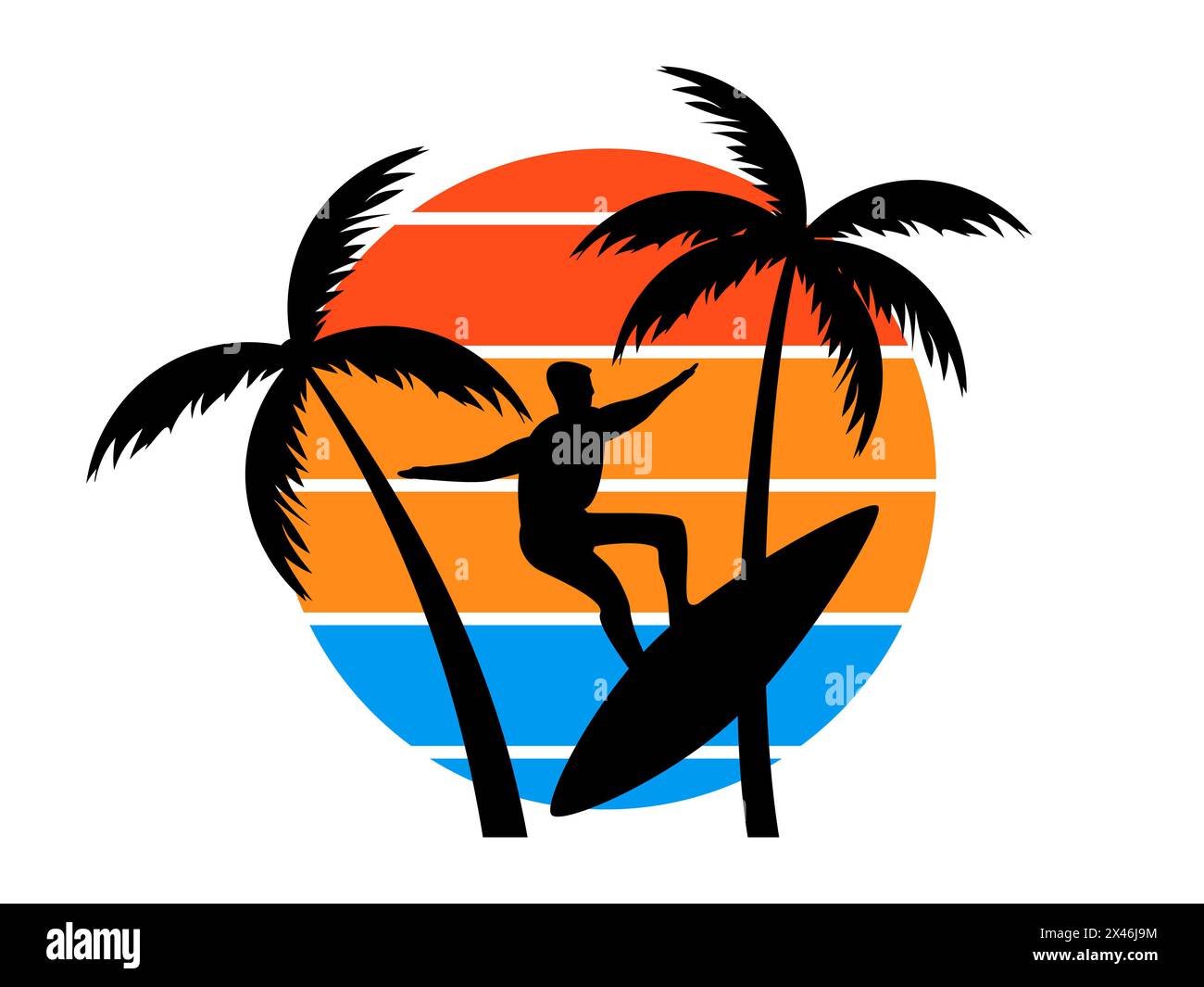 Surfer bei Sonnenuntergang Retro Sun im Stil der 80er Jahre. Surfer auf einem Board mit Silhouetten von Palmen und Sonne isoliert auf weißem Hintergrund. Design für Druck, bann Stock Vektor