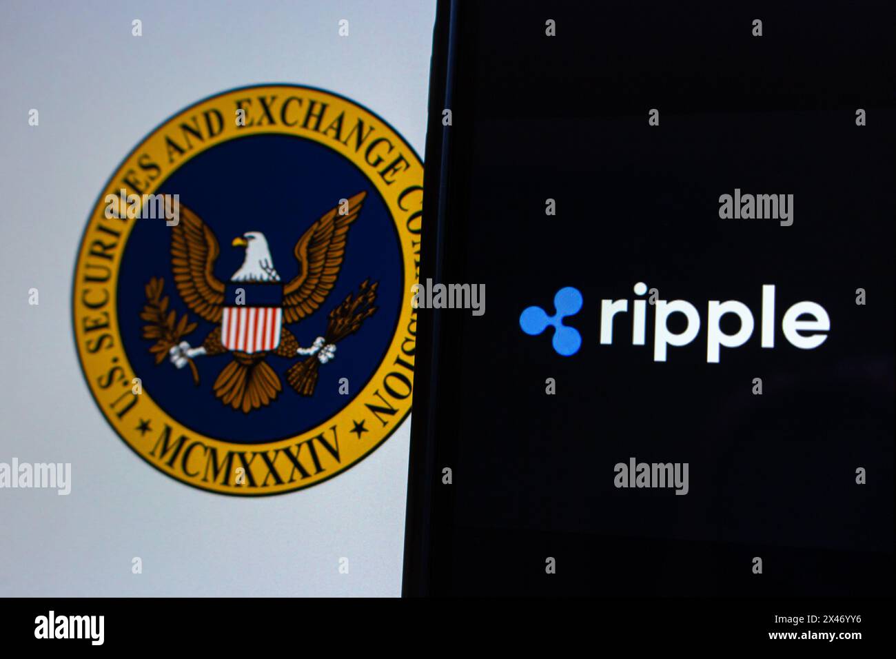 Vancouver, KANADA - April 30 2024 : Ripple-Logo auf einem iPhone-Bildschirm auf der SEC (U.S. Securities and Exchange Commission) Stockfoto