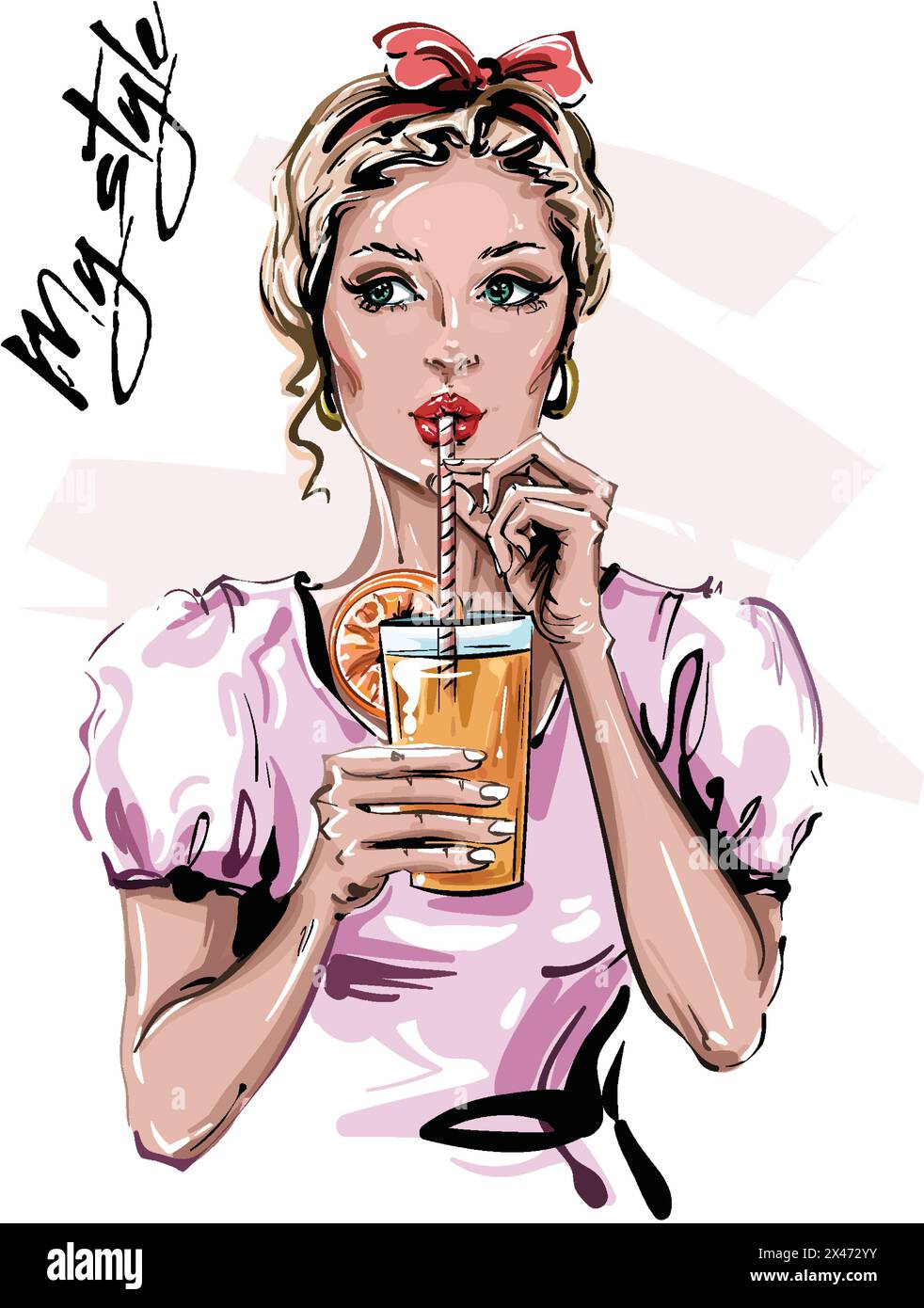 Hand gezeichnet schöne junge Frau mit Getränk. Stilvolles Pin-up-Mädchen mit Kopfschmuck. Modischer Damenlook. Skizze. Vektorabbildung. Stock Vektor