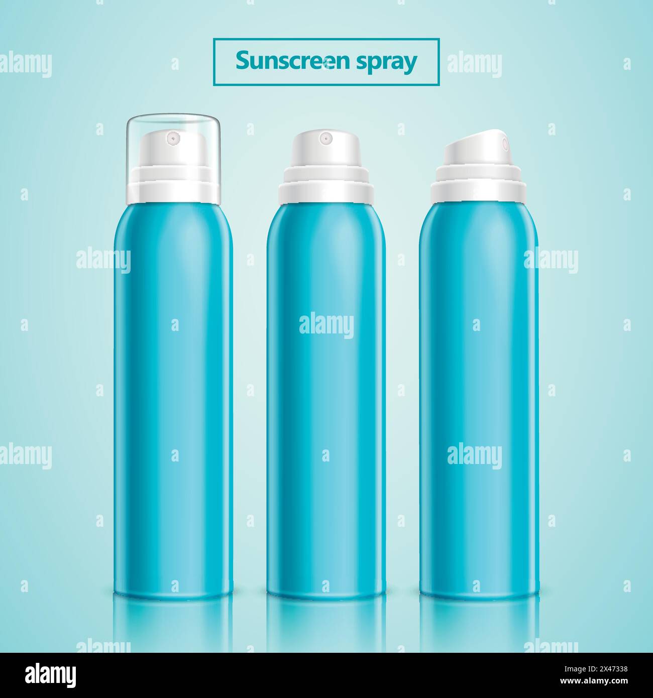 Sonnenschutzmittel-Spray-Anzeigen mit effektivem Schutz, der UV-Strahlen reflektieren kann, 3D Abbildung blauer Himmelshintergrund Stock Vektor