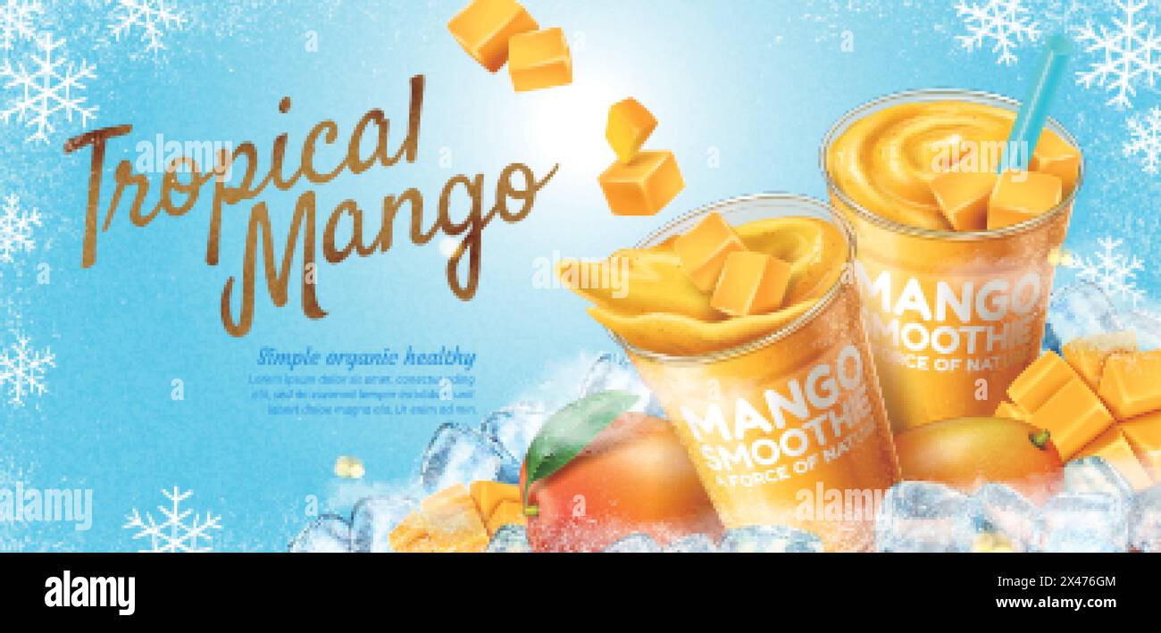 Mango-Smoothie-Bannerwerbung mit Eiswürfeln auf dem Hintergrund von gefrierenden Schneeflocken in der 3D-Abbildung Stock Vektor