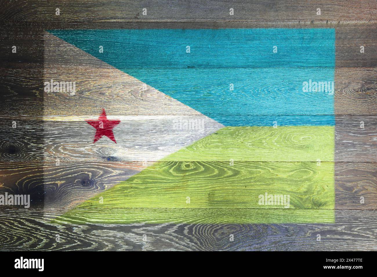 Dschibuti-Flagge auf rustikalem alten Holzhintergrund Stockfoto
