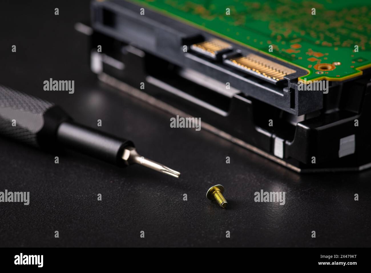 Festplatte und Leiterplatte mit SATA-Netzanschluss. Magnetschrauber, torx-Bit und kleine Maschinenschraube auf dunklem Hintergrund. Stockfoto