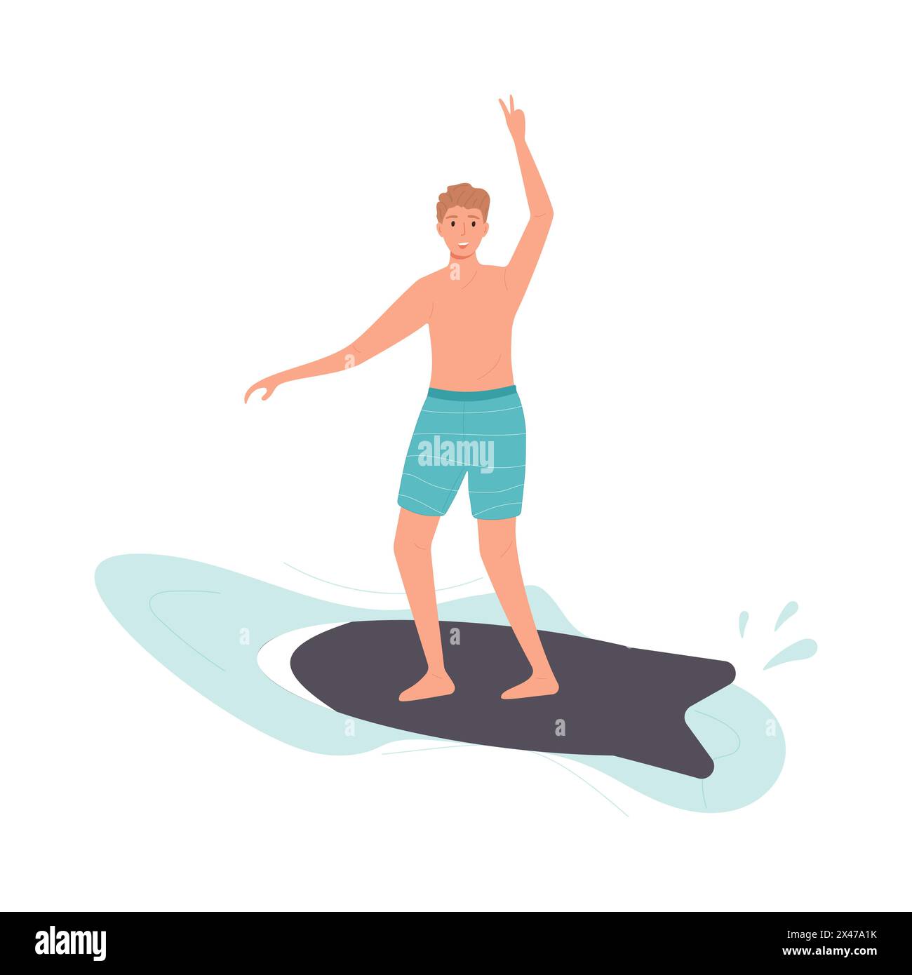 Junger Mann, der auf einer kleinen Welle in lässiger Kleidung surft Stock Vektor