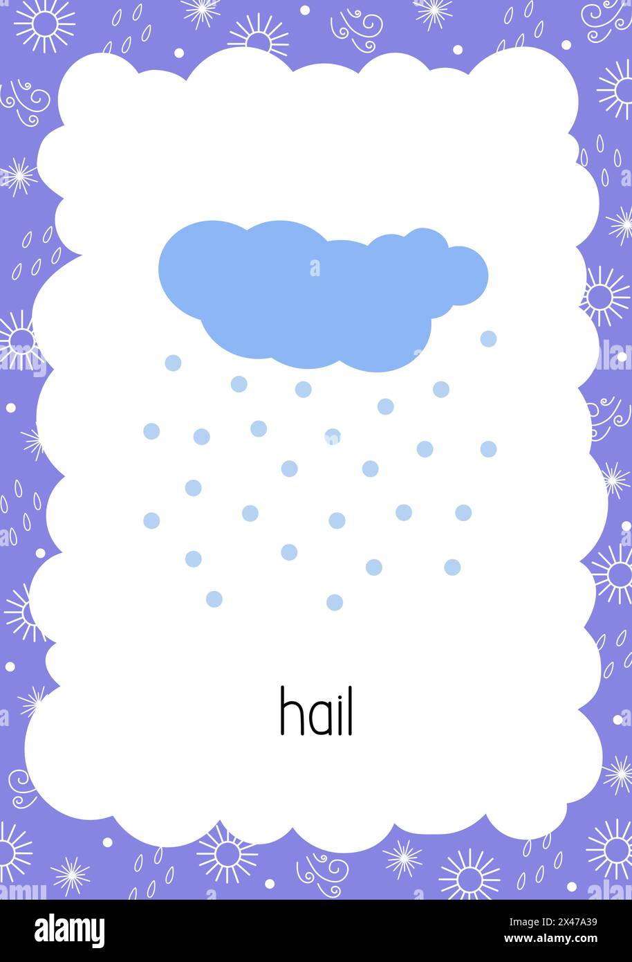 Wetter-Flash-Karte Hail Aktuelles Vokabular Lernen druckbar, lehrreiches Englisch Arbeitsblatt für Kinder, Kindergarten, Vorschule, Freizeitaktivitäten, Vektorillustration für Lehrerressourcen Stock Vektor