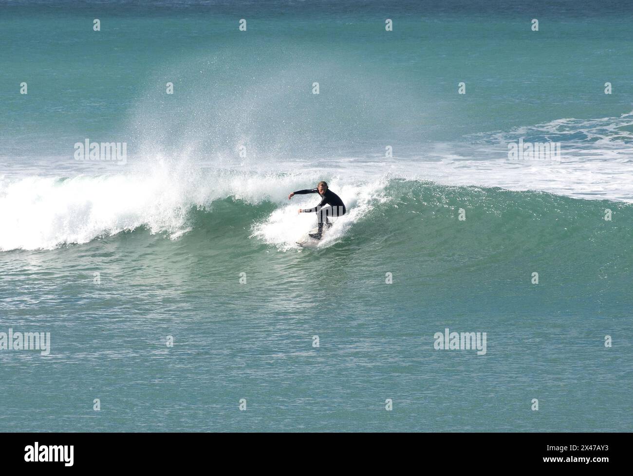 Männlicher Surfer am Kaka Point Beach, Molyneux Bay, Port Molyneux, Otago, Neuseeland Stockfoto