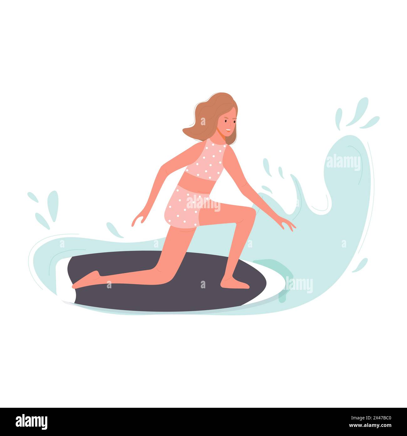 Frau im Bikini, die elegant auf einer stilvollen Welle surft Stock Vektor