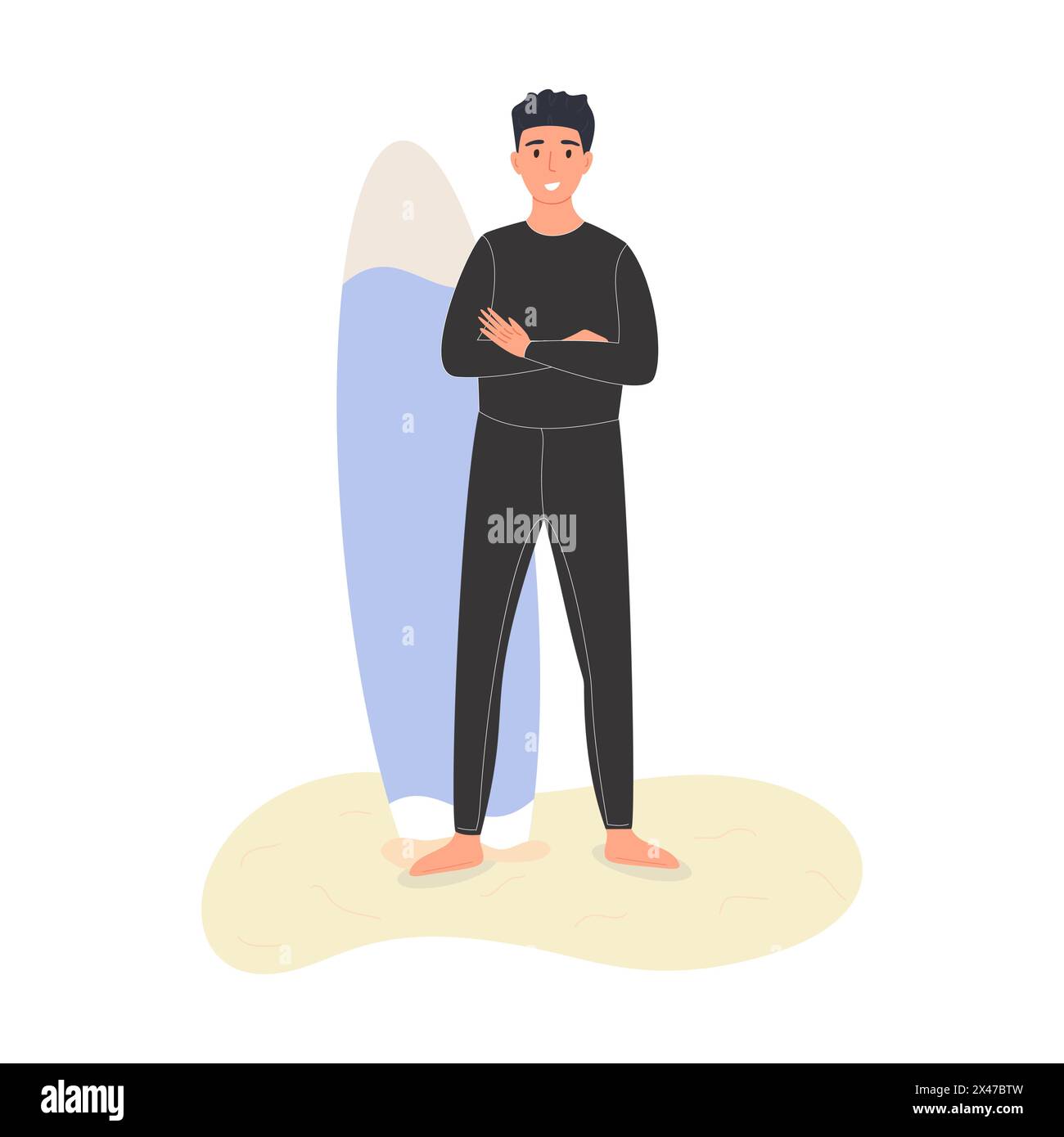 Junger Mann, der am Strand mit Surfbrett steht. Vektorabbildung. Stock Vektor