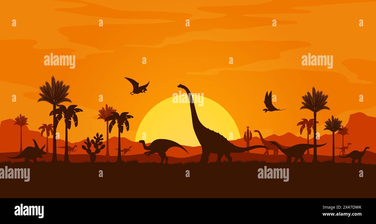 Tropische Sonnenuntergangslandschaft mit Dinosaurier-Silhouetten. Jurassic Natur Vektor Hintergrund mit triceratops, Pterodactyl, Brachiosaurus und allosaurus Dinosaurier Tiere, Sonne, Palmen und Berge Stock Vektor