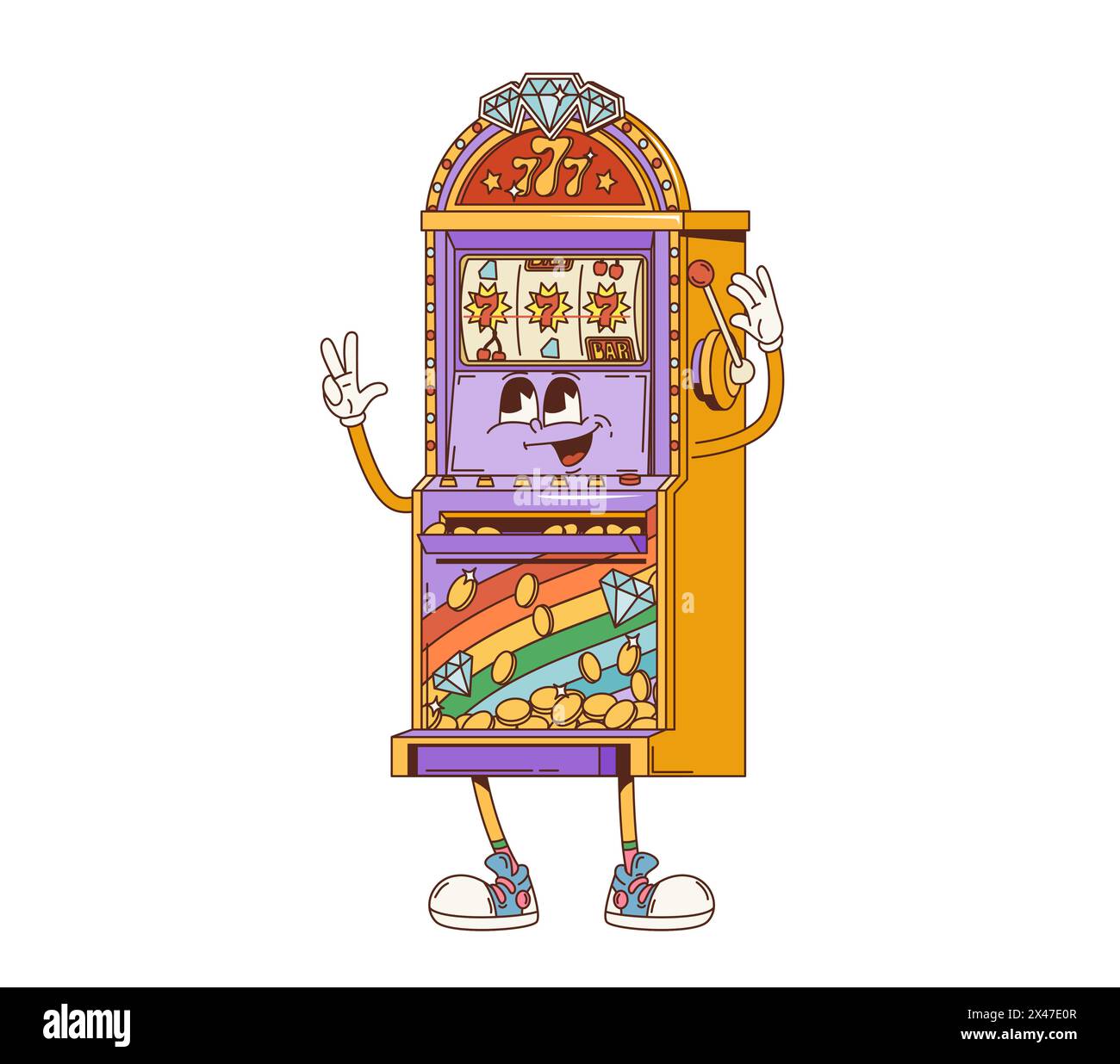 Cartoon grooviger Retro Casino Spielautomat Charakter mit funky Gesicht Lächeln, Vektor Comic. Grooviger lustiger Casino-Spielautomat mit Jackpot 777 Kombination und Goldmünzen gewinnen, Comic-Spielfigur Stock Vektor