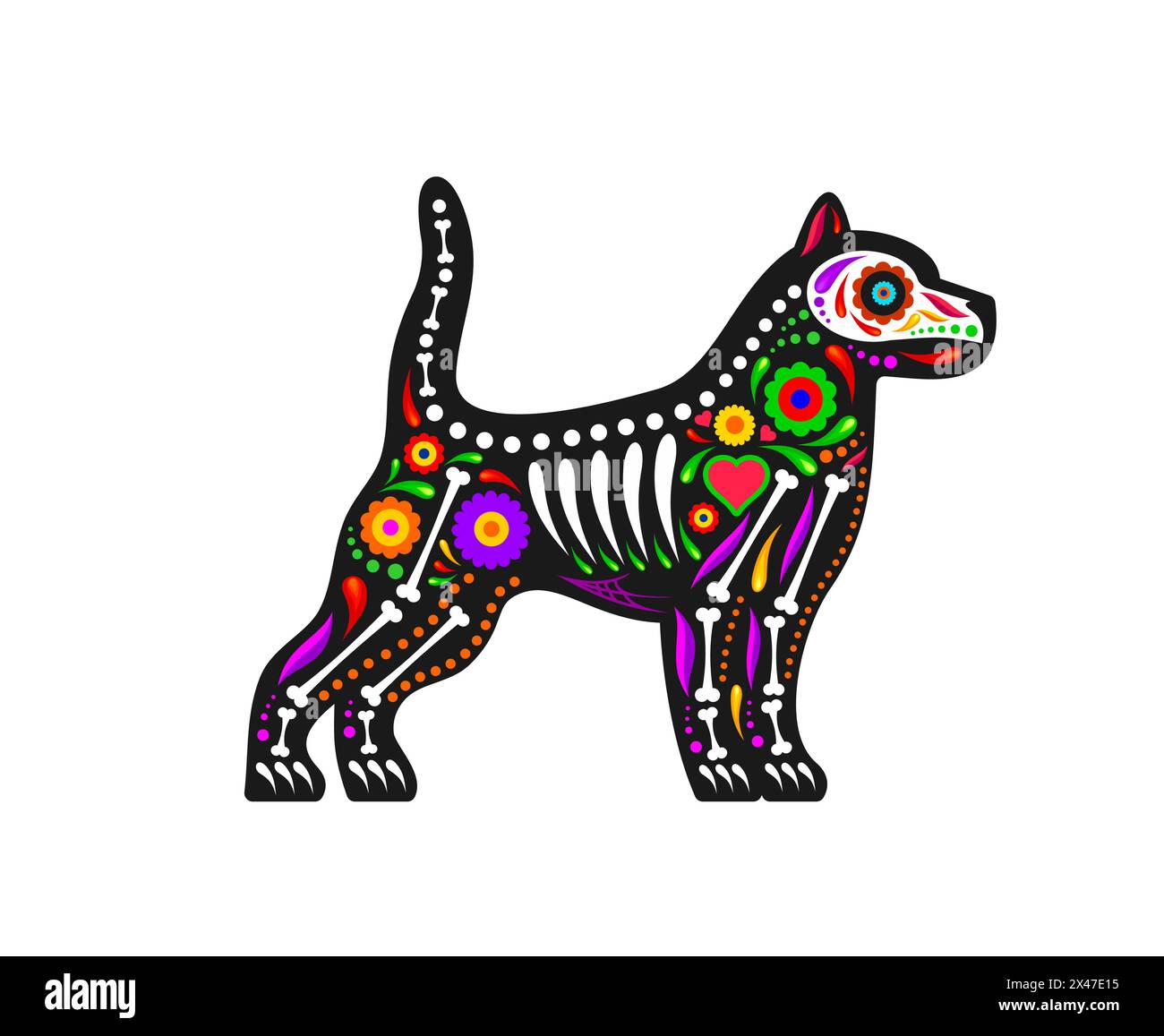 Mexikanischer Tag des toten Hundetiers Zuckerschädel Tattoo. Isolierter Vektor Dia de los muertos, Welpenform mit lebendigen Blumenmotiven und Knochen, die Erinnerung und Feier verstorbener Haustiere symbolisieren Stock Vektor