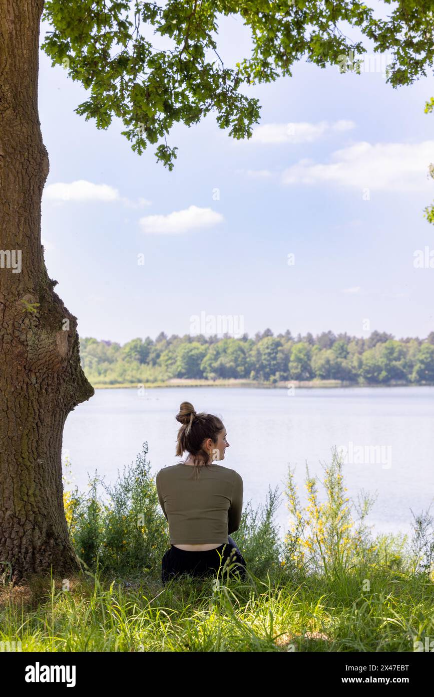 In dieser ruhigen Umgebung sitzt eine Frau nachdenklich unter dem Baumdach mit Blick auf einen ruhigen See. Die Komposition gleicht die Größe der Natur mit einem persönlichen, introspektiven menschlichen Element aus. Nachdenkliche Frau, die den See von Shady Tree Spot aus betrachtet. Hochwertige Fotos Stockfoto