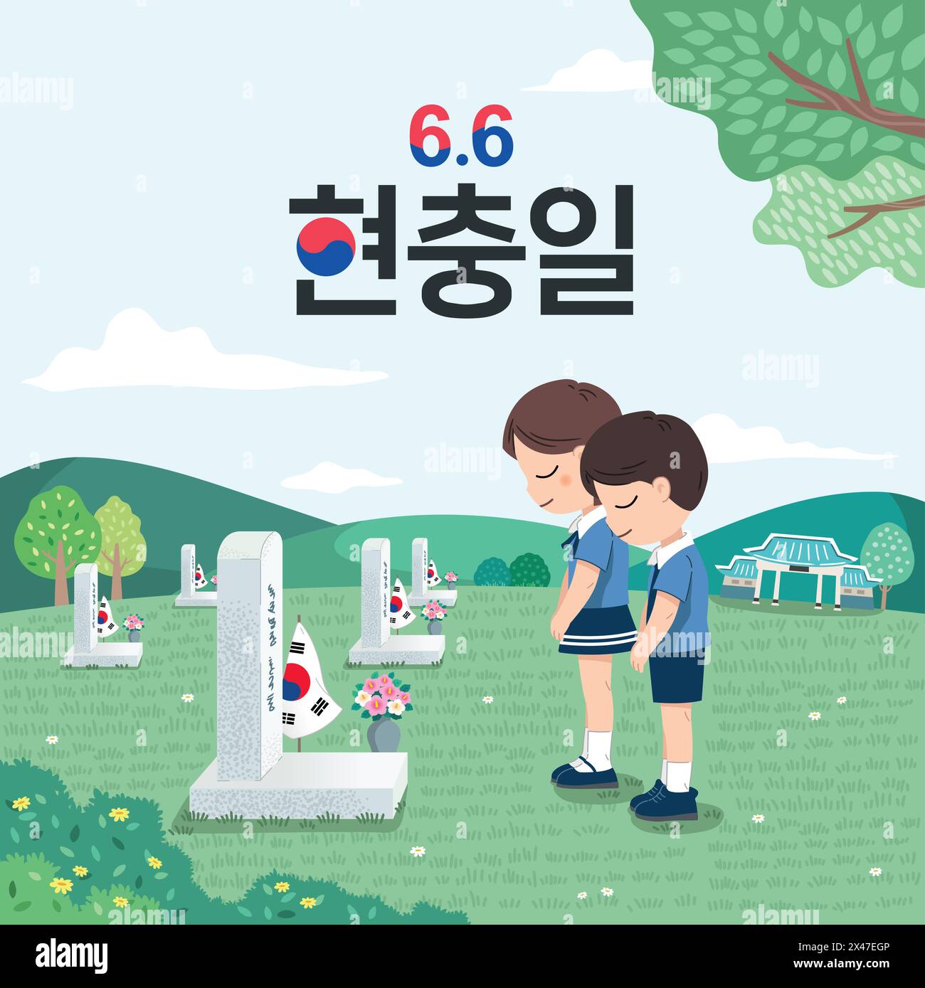Koreanischer Gedenktag. Kinder ehren Helden, die ihr Leben für ihr Land opferten. Koreanischer Gedenktag, koreanische Übersetzung. Stock Vektor