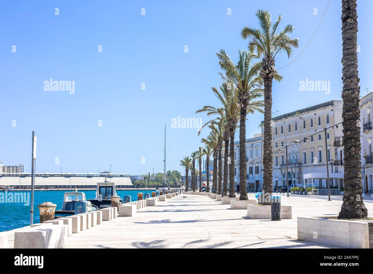 Lungomare in Brindisi, eine Fußgängerzone neben dem Strand und der umliegenden Altstadt. An einem warmen Frühlingstag sind Palmenreihen zu sehen Stockfoto