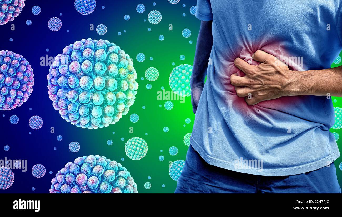 Norovirus-Magenschmerzen als Person mit Bauchschmerzen und Krämpfen infolge einer ansteckenden Grippeinfektion als Magenschmerzen-Viruskrankheit. Stockfoto