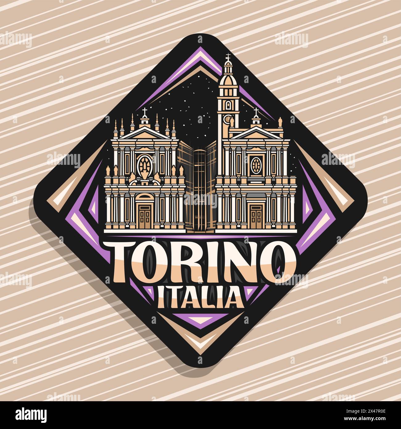 Vektor-Logo für Turin, dunkles Rautenschild mit Linienillustration der berühmten historischen Zwillingskirchen in turin auf nächtlichem Himmelhintergrund, Dekora Stock Vektor