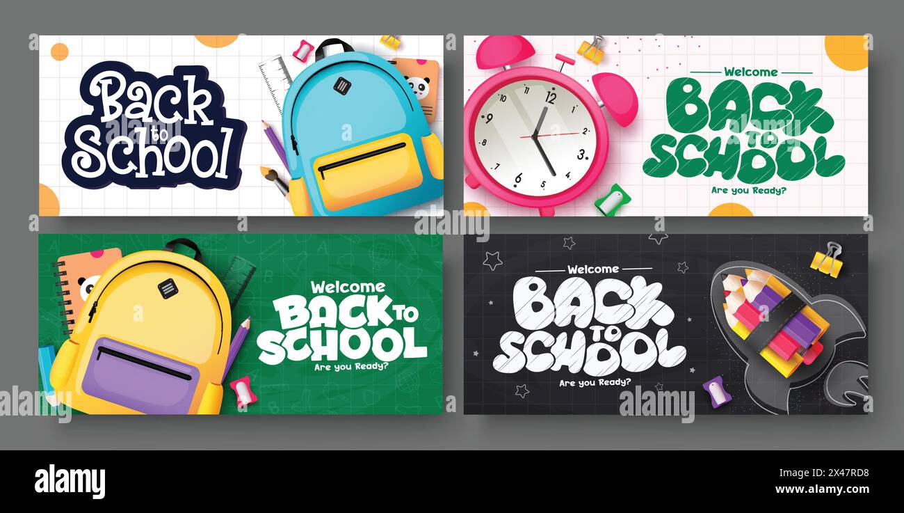 Back-to-School-Vektor-Banner-Set-Design. Begrüßungstext mit Schülertasche, Wecker und Raketenschiff-Ausbildung Stock Vektor