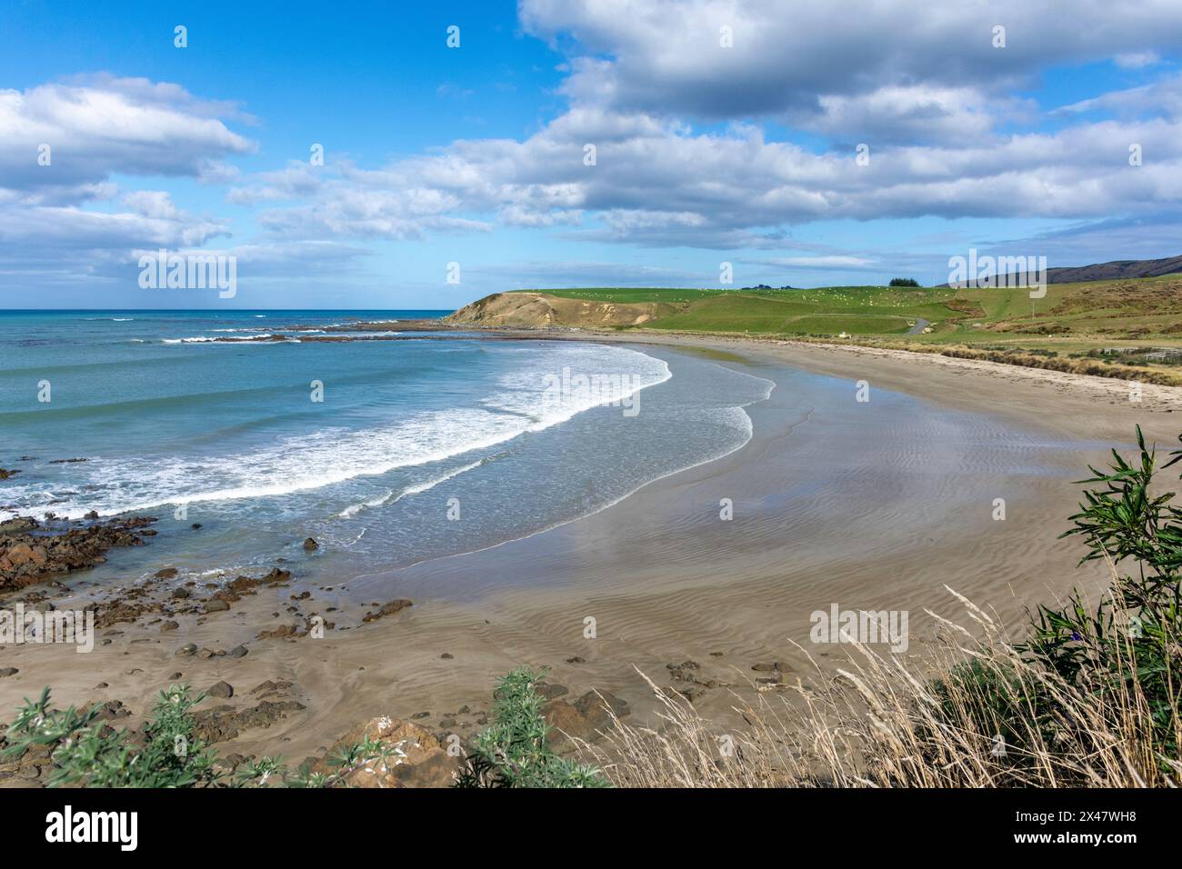 Blick auf den Strand, Willsher Bay, Kaka Point, Catlins Coast, Otago, Neuseeland Stockfoto