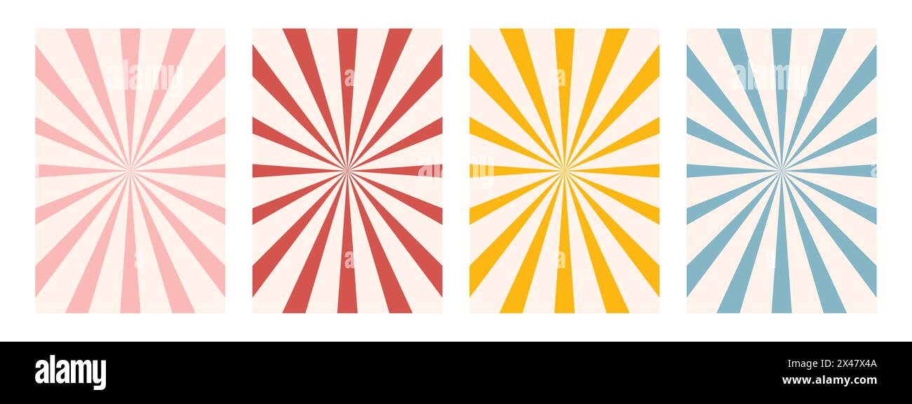Alte, groovige Hintergründe. Hippie-Hintergrund mit geschwungenen Strahlen oder Streifen in der Mitte. Y2K-Ästhetik. Retro-psychedelische Vektorillustration. Abstrakt Stock Vektor